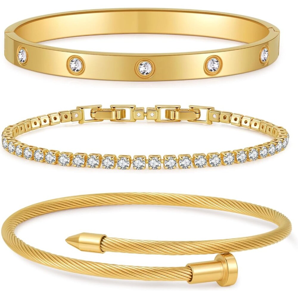 Gold Plated Bangle Bracelets For Women Stackable 18k Gold Plated Stainless Steel